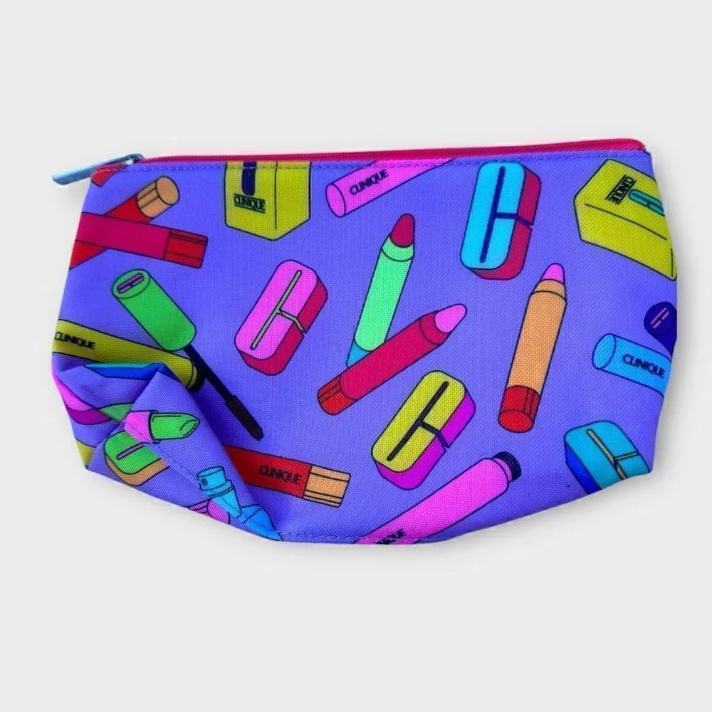 Clinique Makeup zipper bag/pouch purple with makeup print - Picture 1 of 3